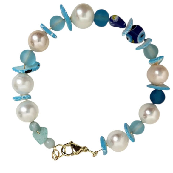 14K Gold Plated Freshwater Pearl Seaglass Bracelet - Picture 3 of 4